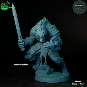 Miniature de combattant gnoll - homme ou femme - camp gnoll - TPK Labs - D&D 5e - donjons et dragons - sur table - jeux RPG fantastiques - Pathfinder