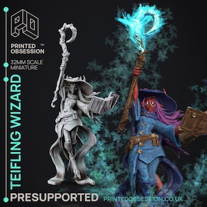 Puede incluir: Dos miniaturas de magos tieflings a escala de 32 mm. Una es gris y sostiene un libro y un bastón. La otra es azul y sostiene un libro y un bastón con un efecto de llama azul. El texto "PRINTED OBSESSION" y "PRESUPPORTED" es visible en la imagen.
