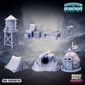 Puede incluir: Un conjunto de modelos en miniatura impresos en 3D para juegos de rol de mesa. El conjunto incluye una torre de agua, una tienda de campaña, una cueva, una cabaña, una mesa, una silla y un telescopio. Los modelos son pre-soportados y forman parte de la colección Expedition to Scarcrest de Broken Anvil Monthly.