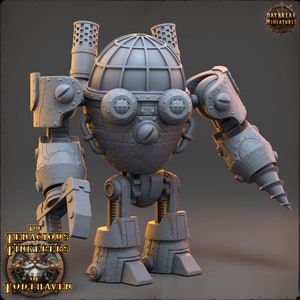 May include: A grey, steampunk-style robot with a spherical head, two arms, and two legs. The robot has a drill on one arm and a claw on the other. The robot is standing on a grey surface. The text "The Tenacious Tinkers of Todthaven" is visible on the image.