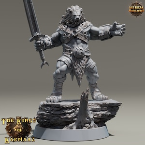 May include: A gray, detailed miniature figurine of a lion-headed warrior holding a sword. The warrior is standing on a rocky base with a tree stump. The miniature is part of the "The Kings of Karmaaz" collection.