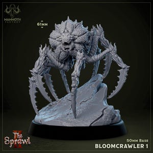 May include: A gray Bloomcrawler 1 miniature, a fantasy creature with a flower-like head and multiple spiky legs. The model is 61mm tall and sits on a rocky base with a 50mm base. The Mammoth Factory logo is visible.