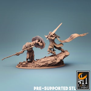 May include: A 3D printed miniature set featuring a warrior with a sword and shield fighting a creature with a spear. The figures are posed in a dynamic action scene on a rocky base. The miniatures are pre-supported for easy printing.