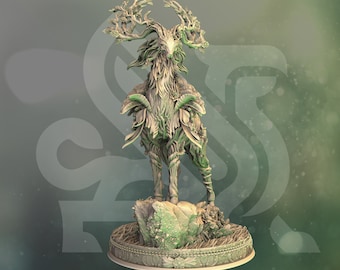 May include: A detailed, pre-supported 3D-printed figurine of Gwynével, a fantasy creature. The figure is a deer-like being with intricate leafy and branch-like details, standing on a rocky base. The text "Gwynével" is at the bottom.