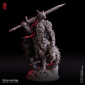 May include: A detailed miniature figure of a dragon-like warrior, holding a large sword and a severed head. The figure is clad in ornate armor and stands on a textured base. The text "Wyvan, Last Fang" is visible. The base is 25 mm.