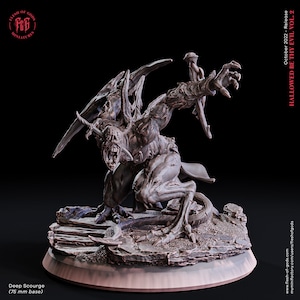May include: A detailed, gray, 3D printed miniature of a monstrous creature with wings, claws, and a gaping maw. The creature is posed in a dynamic, attacking stance, with one arm outstretched and claws bared. The miniature is set on a rocky base and is part of the "Hallowed Be Thy Evil Vol. 2" collection.