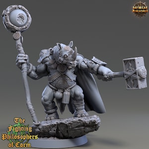 Metrocles Red Gazer- Rhinofolk Miniature- The Fighting Philosophers of Corn- Daybreak- D&D 5e- Dungeons and Dragons- Fantasy RPG Tabletop