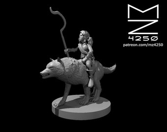 Halfling Female Druid Riding Wolf Miniature - MZ4250 - D&D 5e - Dungeons and Dragons - Pathfinder - Fantasy RPG Tabletop Games