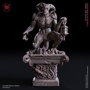 May include: A gray, detailed demon statue holding a lantern, standing on a stone pedestal with a carved design. The statue is part of a tabletop game set called "Echoes of Corruption".