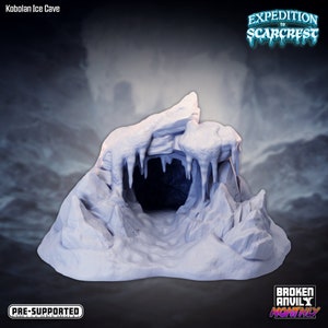 May include: A 3D printed miniature of a snow-covered ice cave with a dark opening. The cave is made of white plastic and has icicles hanging from the ceiling. The text "Kobolan Ice Cave" is visible at the top of the image.