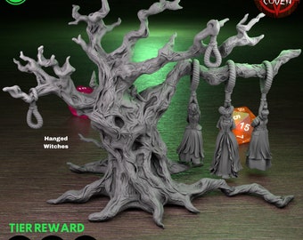 May include: A 3D printed miniature of a gnarled tree with three hanging figures, a red apple, and a 15-sided die. The tree is gray and the figures are white. The text "Diabolic Coven" and "Hanged Witches" are visible on the image. The text "Tier Reward" is also visible.