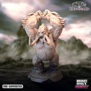 May include: A 3D printed miniature of a large, hairy, ape-like creature with tusks, standing on a round base. The creature is roaring with its mouth open, showing its teeth. The miniature is pre-supported and is part of the Savage Beasts of Kinjo Island collection.