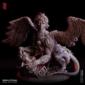 May include: A dark-toned Sphinx of Doom miniature figure featuring large feathered wings, a human-like face, and a muscular, textured body. The creature rests on a 50 mm base, with an eye emblem on its chest and intricate details throughout.