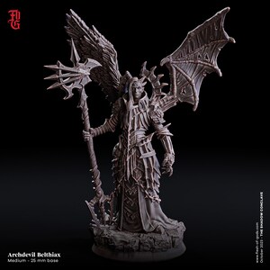 May include: A detailed miniature figurine of an archdevil with a staff, wings, and horns. The figure is painted in a dark brown color and stands on a rocky base. The figure is labeled "Archdevil Belthax" and "Medium - 25 mm base".