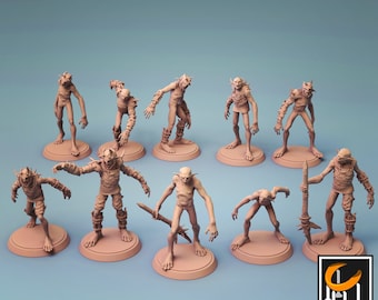 May include: A set of ten 3D printed miniature figures of goblins, each with a unique pose and detail. The figures are pre-supported and ready to be printed.