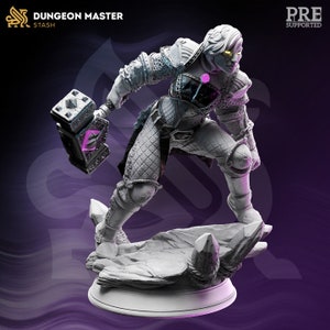 May include: A white 3D printed miniature of a female warrior figure holding a hammer. The figure is wearing armor and has a determined expression on her face. The miniature is pre-supported and ready to be printed.