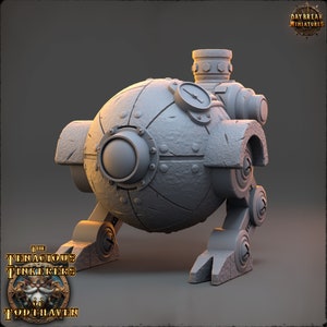 May include: A grey, spherical, steampunk-style robot with a single eye, a clock face, and a pipe on top. It has four legs with gears and wheels. The robot is on a grey background.