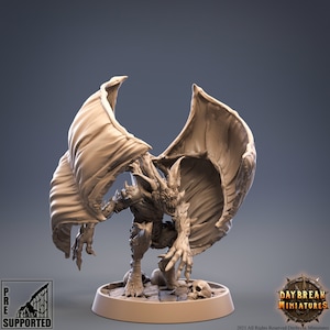 May include: A detailed, pre-supported miniature of a demon with large, leathery wings. The demon is sculpted in a dynamic pose, with its claws extended and its mouth open in a menacing snarl. The miniature is painted in a muted brown color scheme, with subtle highlights and shadows.