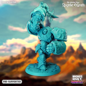 May include: A teal blue miniature figurine of a celestial guardian, a robot-like figure with a large axe, wearing armor with a skull design. The figure is standing on a circular base. The text "The Celestial War Angelic Wrath" is visible in the background.