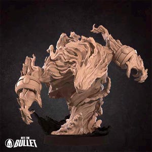 May include: A beige, stylized fantasy figure with a textured, organic appearance. The figure has a humanoid shape with a tree-like texture, and is posed in a dynamic stance. The figure has a dark base and the words "Bite the Bullet" are visible.