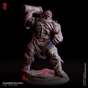 May include: A detailed figurine of a mummified berserker, holding a large hammer overhead. The figure is wrapped in bandages and stands on a rocky base. The base is 50 mm. The figure is in a dynamic pose, with an open mouth.