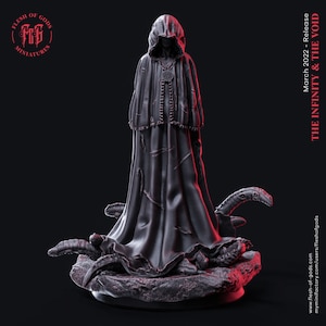 May include: A black and grey miniature figure of a hooded figure standing on a rocky base. The figure is wearing a long robe with a hood pulled over their head. The figure is surrounded by tentacles.