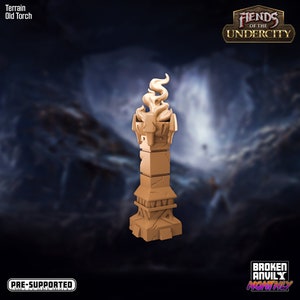 May include: A 3D printed, pre-supported, brown plastic model of an old torch. The torch is a tall, slender column with a flame at the top. The model is designed for tabletop gaming and is part of the Fiends of the Undercity collection.