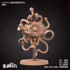 Peut inclure: Sculpture beige d'un monstre avec plusieurs yeux, des tentacules et une grande bouche, monté sur un socle. Le texte "2026 APRIL (ICONIC MONSTERS PT.3) GAUTH" est en haut. Dimensions: 39,80 x 52,13 x 29,85mm. Base: 32mm, Échelle: 35mm, Hauteur: 35mm.