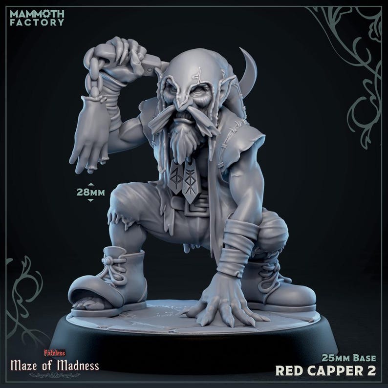 Red Cappers- Redcap Fighter Miniature- Maze of Madness- Mammoth Factory- D&D 5e- Dungeons and Dragons- Pathfinder- Fantasy RPG Tabletop Game Capper 2
