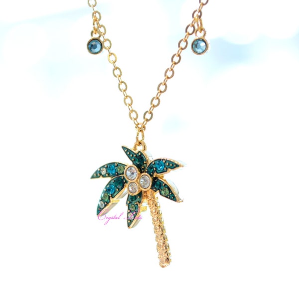 Authentic Swarovski Lime Palm Tree Necklace Gold-Plated Summer Pendant Brand New in Box