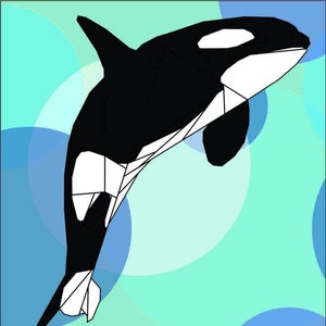 以下が含まれることがあります： 水から飛び出すシャチの白黒の幾何学的なイラスト。背景はターコイズブルーで、白と青の円が描かれています。