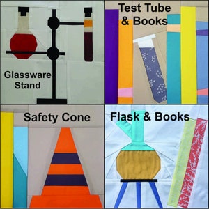 May include: Four colorful patchwork squares with a science theme. The top left square shows a black glassware stand with a red and a clear glass beaker. The top right square shows a purple, orange, pink, and yellow fabric book stack with a gray test tube. The bottom left square shows a yellow, blue, and orange safety cone. The bottom right square shows a blue, green, and brown flask on a blue stand with a yellow, green, and pink fabric book stack.