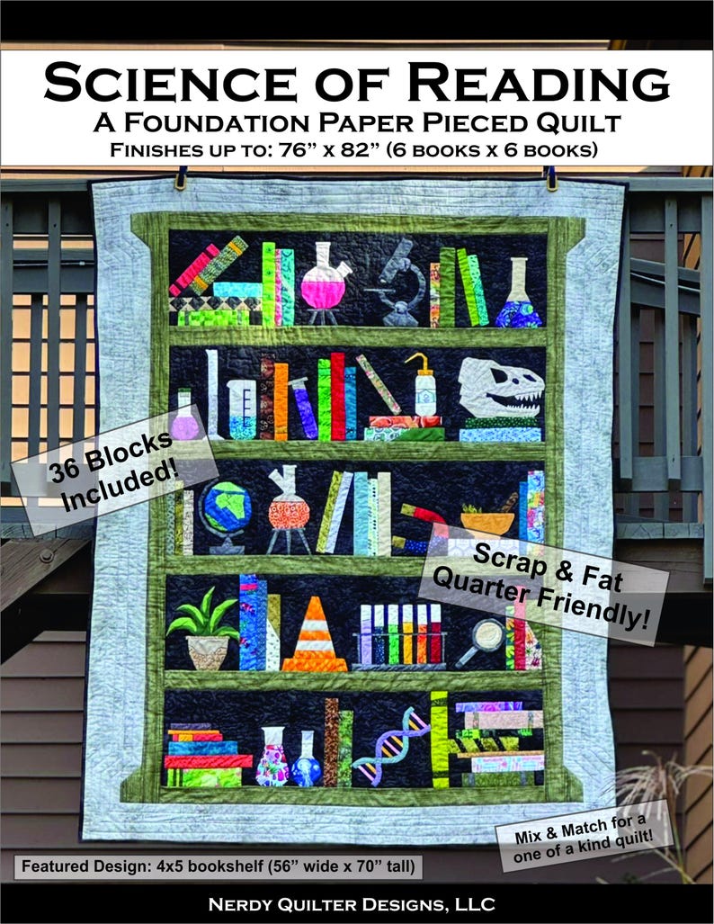 Pu&ograve; includere: Una colorata trapunta con un design a libreria, con elementi a tema scientifico come beute, libri e un teschio di dinosauro. La trapunta misura 193 cm x 208 cm e include 36 blocchi. Il design in evidenza &egrave; una libreria 4x5, 142 cm di larghezza x 178 cm di altezza. Il testo recita "Science of Reading".