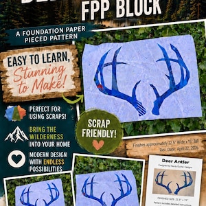Può includere: Un modello di blocco FPP (Foundation Paper Pieced) per un corno di cervo. Il design presenta corna blu su sfondo azzurro. La dimensione finita è di circa 57 cm di larghezza per 38 cm di altezza. Il modello è "scrap friendly".