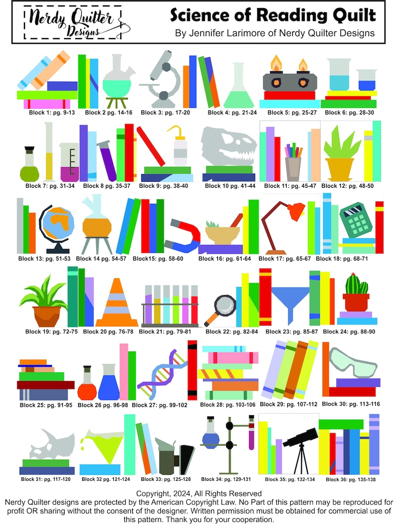 Pu&ograve; includere: Un modello di quilt colorato intitolato "Science of Reading Quilt" di Nerdy Quilter Designs. Il design presenta illustrazioni di libri, becher, microscopi e altri elementi scientifici. Il modello include numeri di blocco e intervalli di pagine.