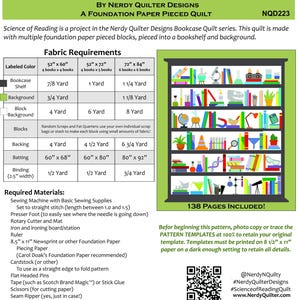 Pu&ograve; includere: Un diagramma dettagliato per una "Science of Reading Quilt" di Nerdy Quilter Designs. Il modello di quilt include i requisiti del tessuto, i materiali necessari e un'illustrazione di una libreria. Il modello &egrave; di 138 pagine e include un codice QR.
