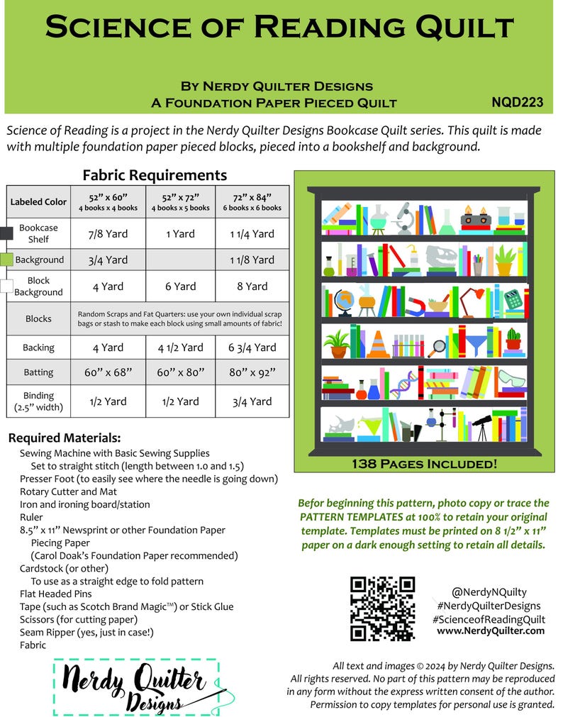 Pu&ograve; includere: Un diagramma dettagliato per una "Science of Reading Quilt" di Nerdy Quilter Designs. Il modello di quilt include i requisiti del tessuto, i materiali necessari e un'illustrazione di una libreria. Il modello &egrave; di 138 pagine e include un codice QR.