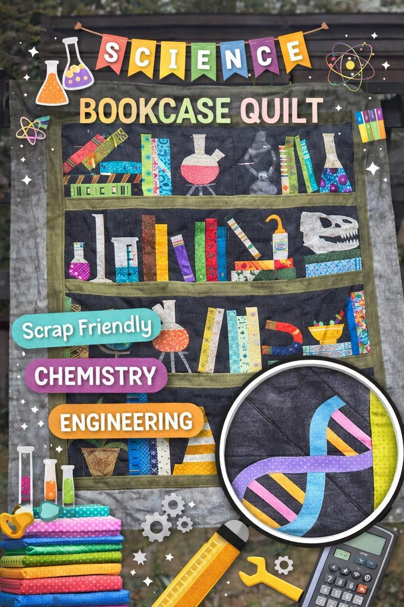 Pu&ograve; includere: Una trapunta fatta a mano a tema scientifico. La trapunta presenta un design a libreria con libri colorati, beute ed elementi scientifici. Le parole "SCIENCE" e "BOOKCASE QUILT" sono visualizzate in alto. La trapunta include anche le parole "Scrap Friendly", "Chemistry" e "Engineering".