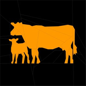 Könnte beinhalten: Geometrische orangefarbene Illustration einer Kuh und eines Kalbes auf schwarzem Hintergrund. Die Kuh und das Kalb bestehen aus eckigen Formen, wodurch ein modernes, abstraktes Design entsteht. Das Bild hat eine minimalistische Ästhetik.