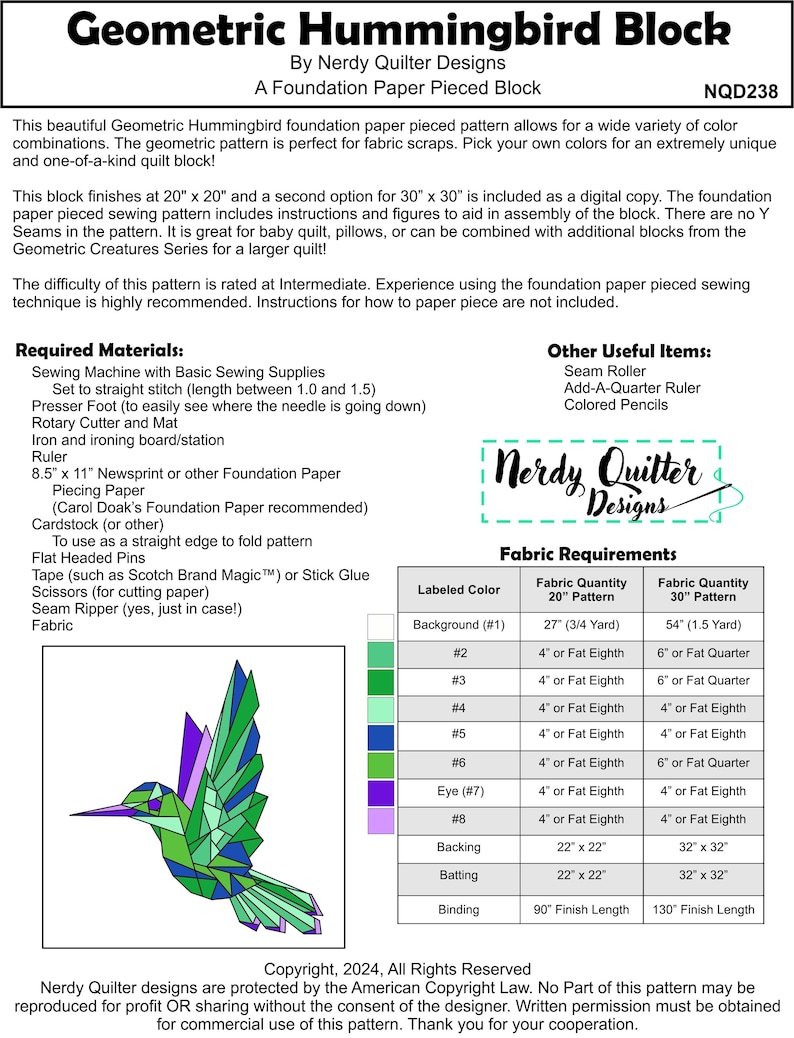 Geometric Hummingbird Foundation Paper Pieced Quilt Pattern Block From ...