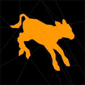 Peut inclure: Illustration géométrique d'un veau orange sur fond noir. Le veau est représenté sous une forme stylisée et angulaire, avec une pose dynamique suggérant le mouvement. Le fond est composé de formes géométriques noires.