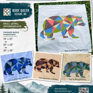 Może przedstawiać: Geometryczny wzór bloku niedźwiedzia grizzly z tekstem "Geometric Grizzly Bear Block" i "Nerdy Quilter Designs, Inc." Wzór zawiera wymiary gotowego bloku 25,4 cm x 25,4 cm, 50,8 cm x 50,8 cm lub 76,2 cm x 76,2 cm. Poziom umiejętności to średniozaawansowany.