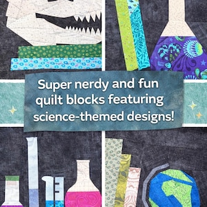 Pu&ograve; includere: Blocchi di trapunte con disegni a tema scientifico. I blocchi presentano un teschio di dinosauro, becher e un mappamondo. Il testo recita: "Blocchi di trapunte super nerd e divertenti con disegni a tema scientifico!"