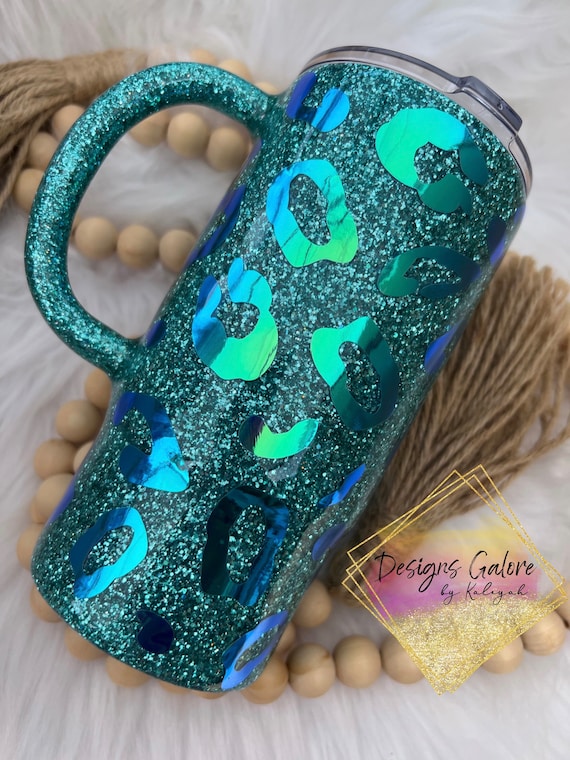 Teal Holographic Leopard Print Glitter Tumbler