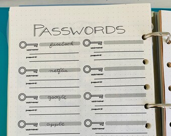 Printable Password Tracker for Bullet journal