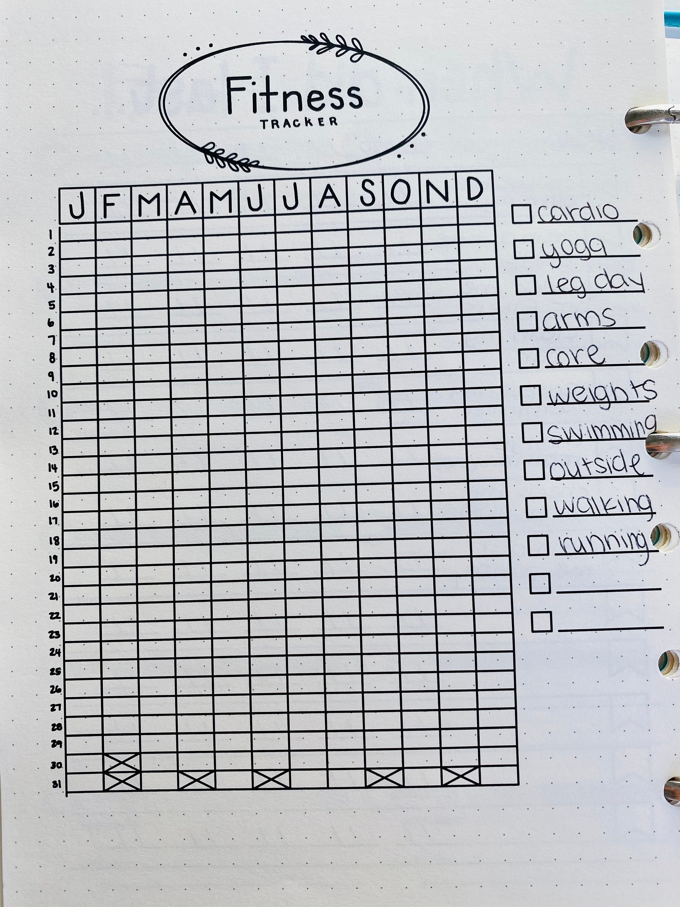 Printable Fitness Tracker for Bullet Journal
