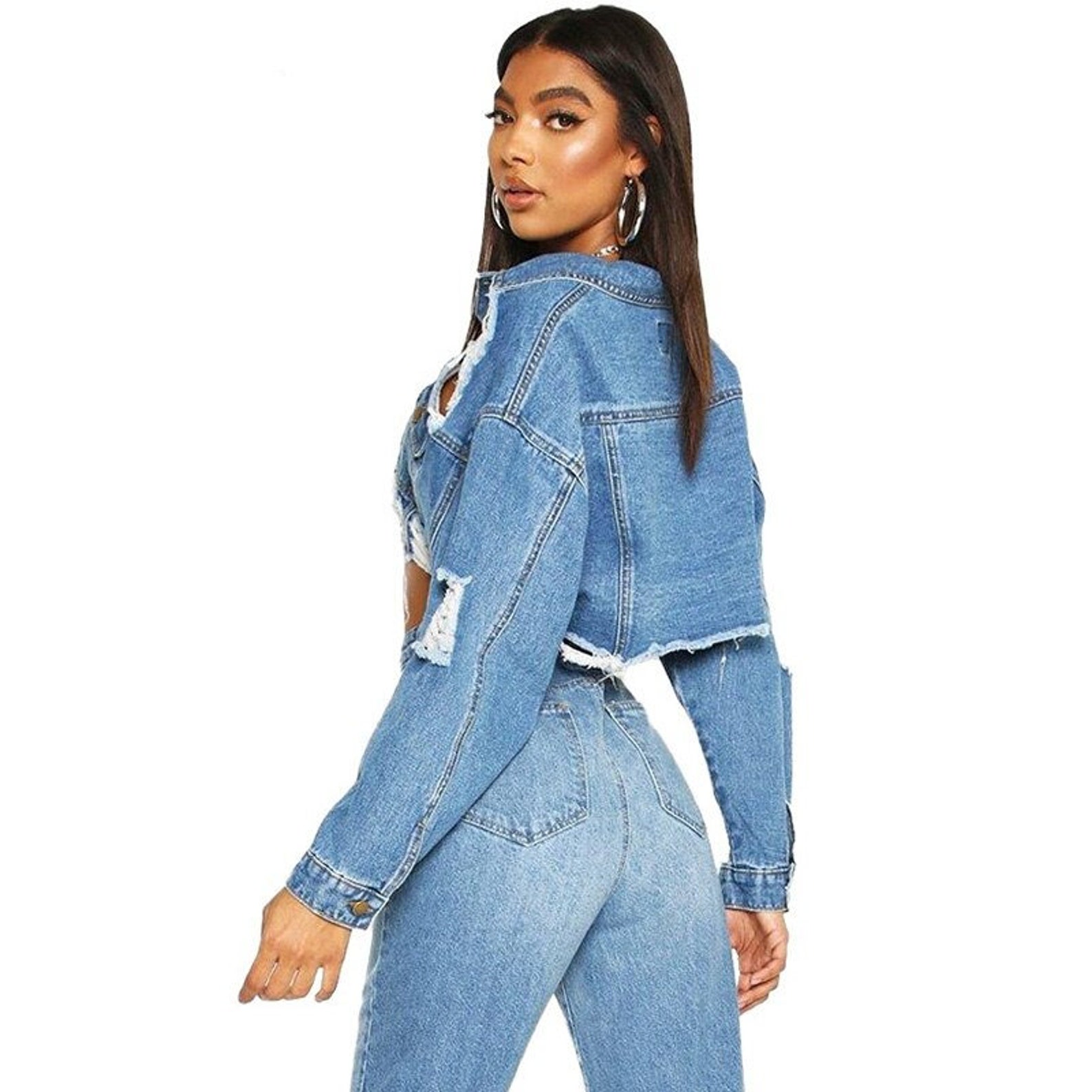 Cropped Ripped Blue Jean Jacket Women Turn Down Collar Denim Etsy