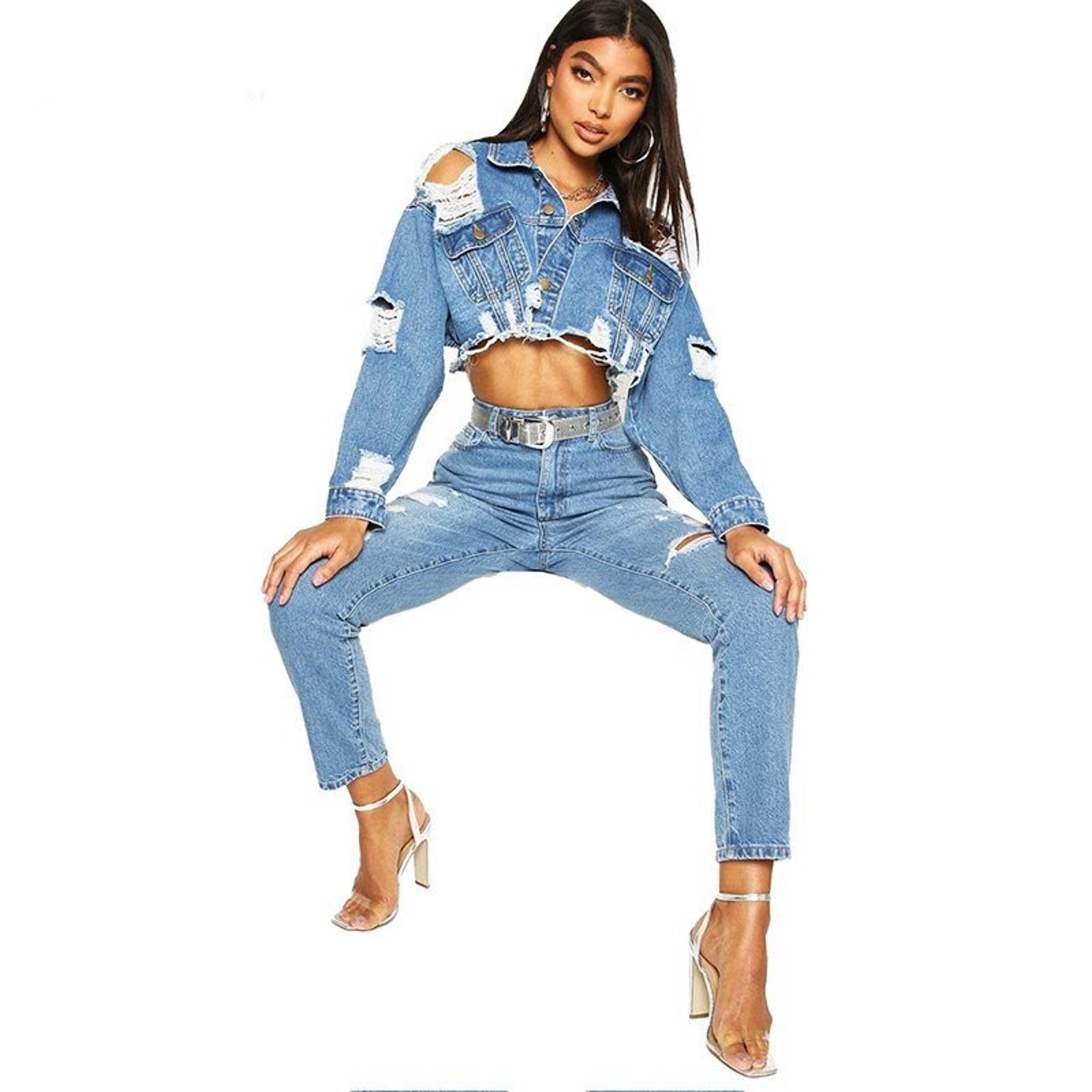 Cropped Ripped Blue Jean Jacket Women Turn Down Collar Denim Etsy