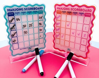 May include: Two clear acrylic Mahjong scoreboards with a teal and pink gradient. The scoreboards have a scalloped edge and are standing upright on a pink surface. The scoreboards have a grid with spaces for names and scores. The scoreboards are marked with check marks and numbers. Two dry erase markers are lying on the surface.