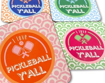 Pickleball Coaster Set of 4  | Vibrant, Colorful Pickleball Paddle & Ball Design | I Love Pickleball Y'All | Great Gift!